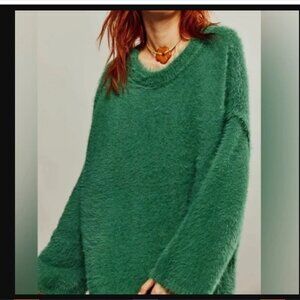 NEW Free People Harrison Bunny Crew Long Sleeve Green Fuzzy Eyelash Sweater NWOT
